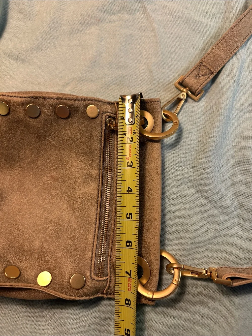 Hammitt Taupe Suede Crossbody with Gold Studs